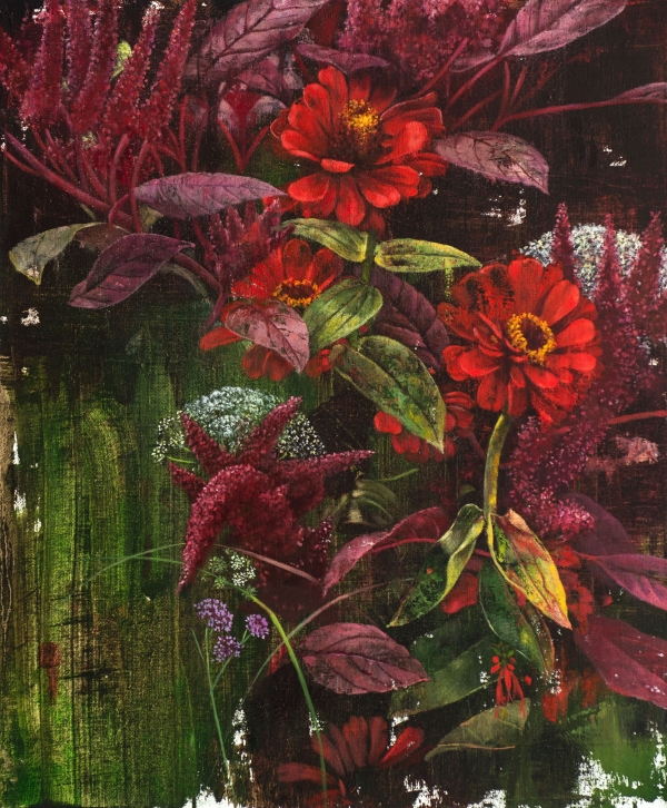Red Zinnias and Amaranth, Oil, 50 x 60 cm