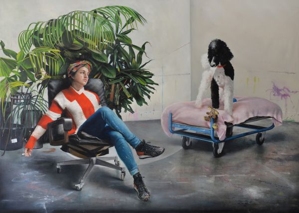 The artist Lina Franko and her kingpoodle Karlo, Oil, 250 x 180 cm