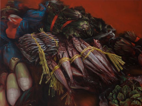 Fish and radish, Oil, 120 x 90 cm