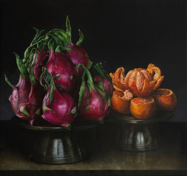 Dragon Fruits and Tangerines, Oil, 80 x 75 cm