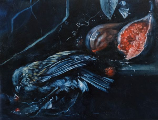 De Heem´s Sparrow, blue, Oil, 40 x 30 cm